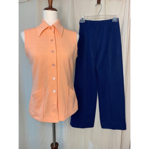 1970s Retro Pastel Orange Blue Textured Disco Dagger Collar Tank Pants Set S - Picture 1 of 5